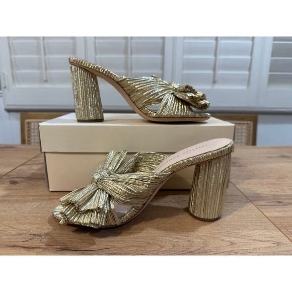 Loeffler Randall Penny Gold Pleated Bow Heel Size 6 NIB Glam Dressy Knotted Top - Picture 8 of 14